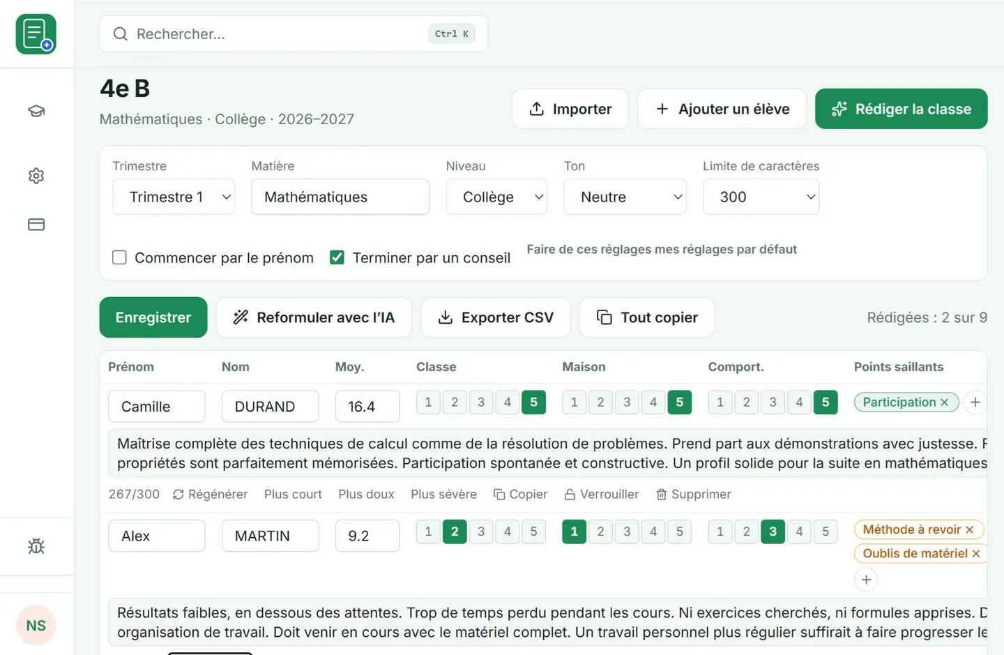 Trois curseurs et quelques points saillants par élève ; l’application rédige, en respectant la limite de caractères du bulletin. Chaque appréciation se régénère, se raccourcit, s’adoucit ou se durcit d’un clic.